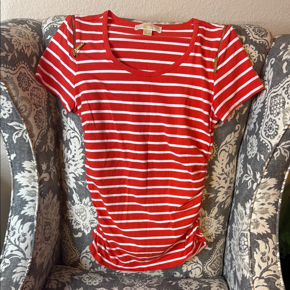 MICHAEL Michael Kors Orange White Ruched Short Sleeve Tee